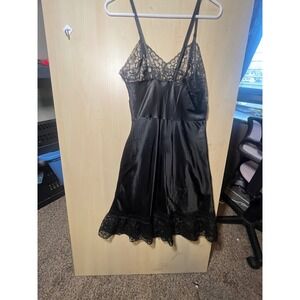 Black Satin Lace Trim Slip Dress Women's Nightgown Lingerie